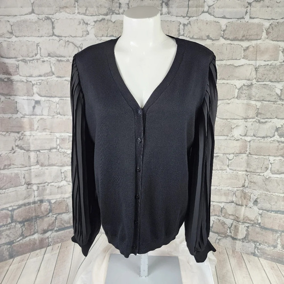 Adrianna  Papell Sheer Pleated Bishop Sleeve Cardigan Black Size Large - Picture 3 of 14